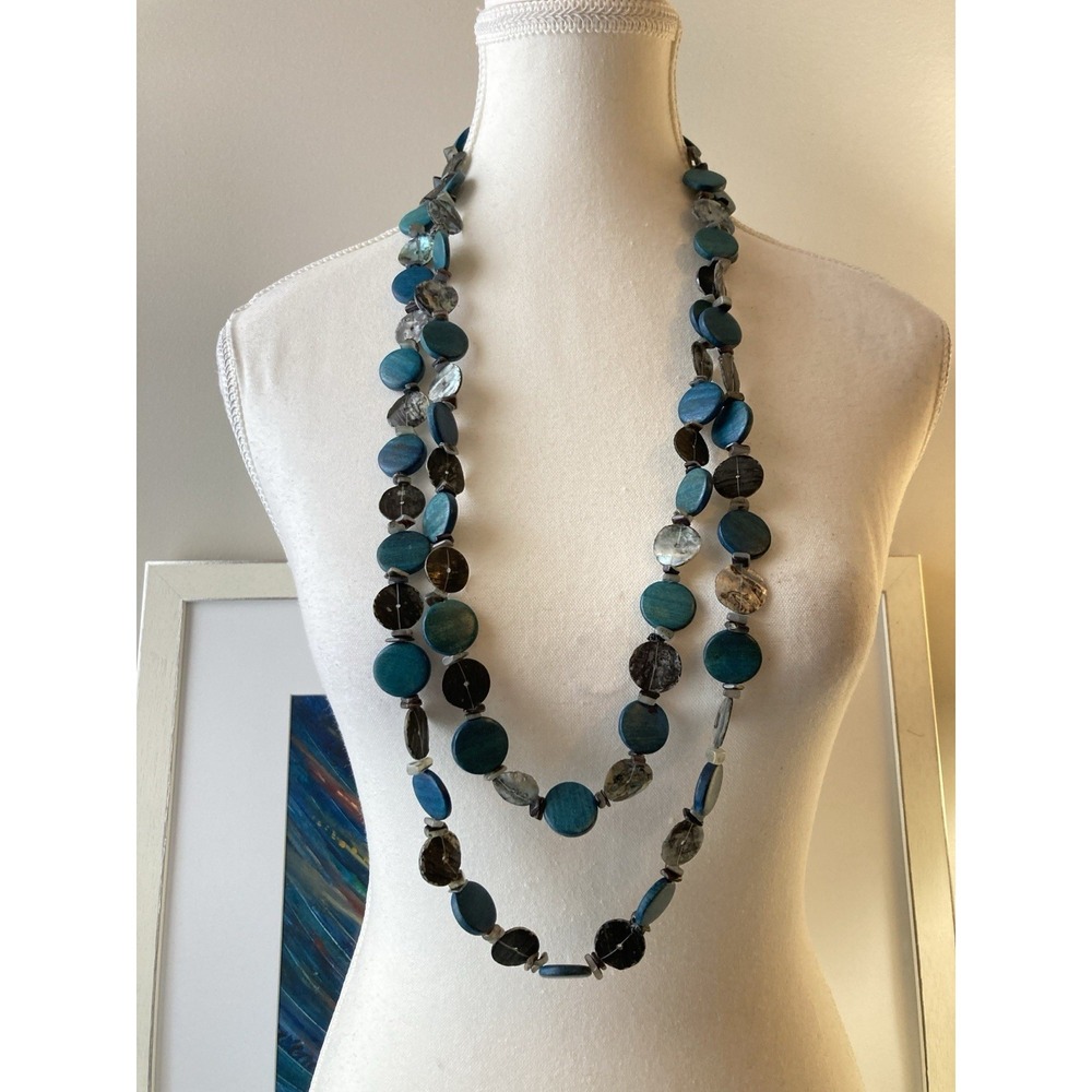 Long Double Strand Beaded Necklace‎ Teal Shell Wood Smoky Gray Boho Layering